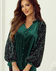 Sequin Notched Long Sleeve Blouse - Little Miss Vanilla