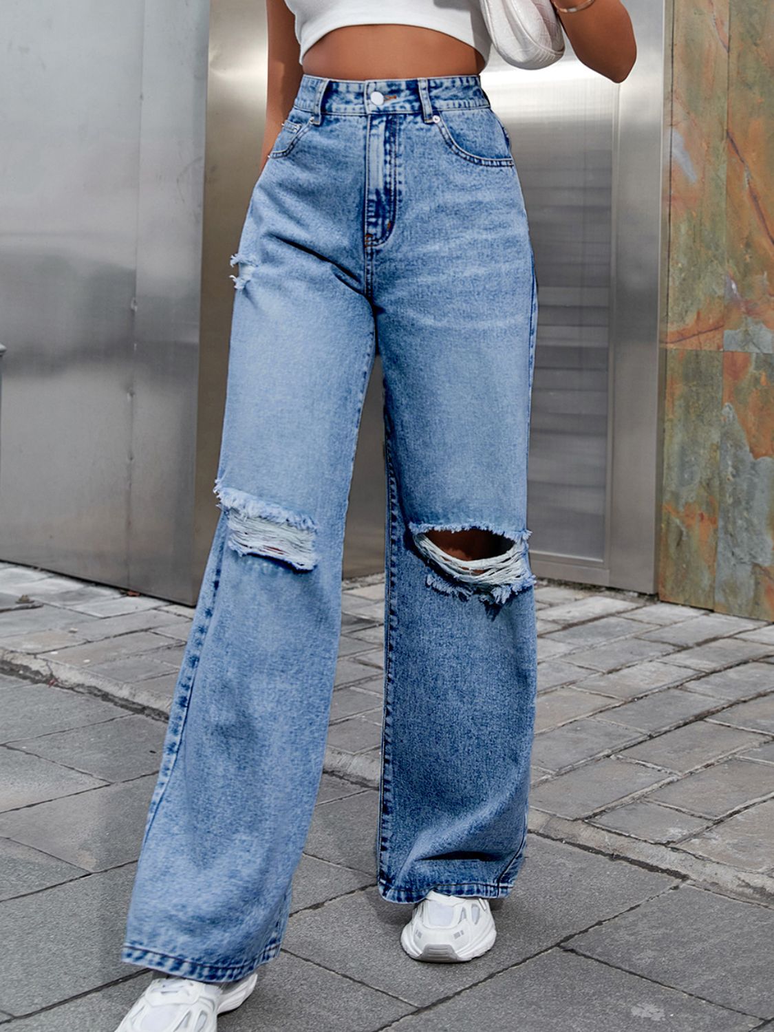 Distressed Wide Leg Jeans with Pockets - Little Miss Vanilla