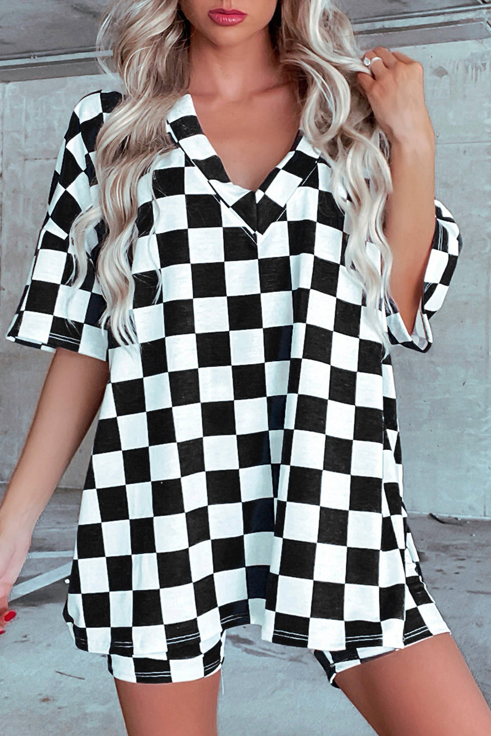 Black Checkerboard Print V Neck Loose Tee and Shorts Lounge Set - Little Miss Vanilla