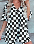 Black Checkerboard Print V Neck Loose Tee and Shorts Lounge Set - Little Miss Vanilla