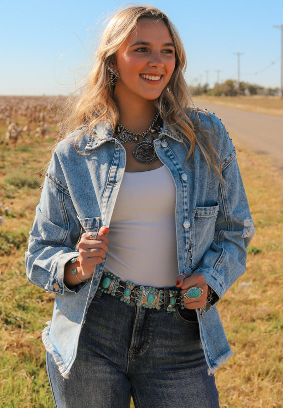 Studded Acid Wash Long Sleeve Denim Jacket - Little Miss Vanilla