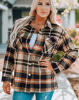 Orange Geometric Plaid Print Pocketed Shacket