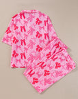 Pink Bow Knot Print Lapel Collar Short Sleeve and Pants Pajamas Set - Little Miss Vanilla