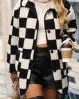 Black Checkered Side Pockets Collared Buttoned Fleece Jacket