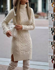 Fashion Turtleneck Knitted Dress With Slit Design Winter Warm Solid Color Pullover Long Sweater Women's Clothing