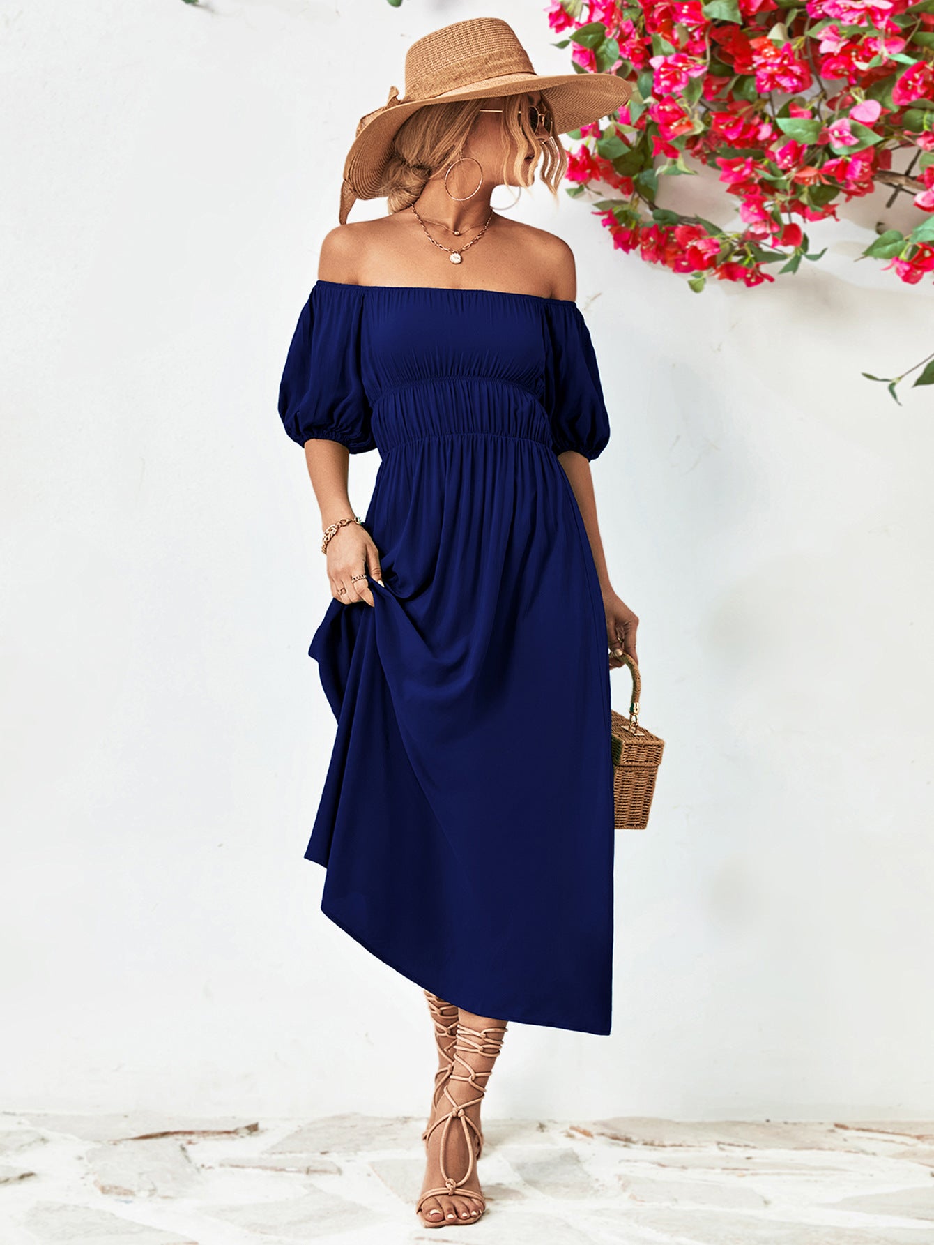 Off-Shoulder Balloon Sleeve Midi Dress - Little Miss Vanilla