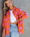 Orange Plaid Chest Pockets Button-up Turn Down Collar Jacket