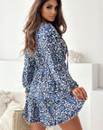 Blue Vintage Print Lace up V Neck Long Sleeve Mini Dress - Little Miss Vanilla