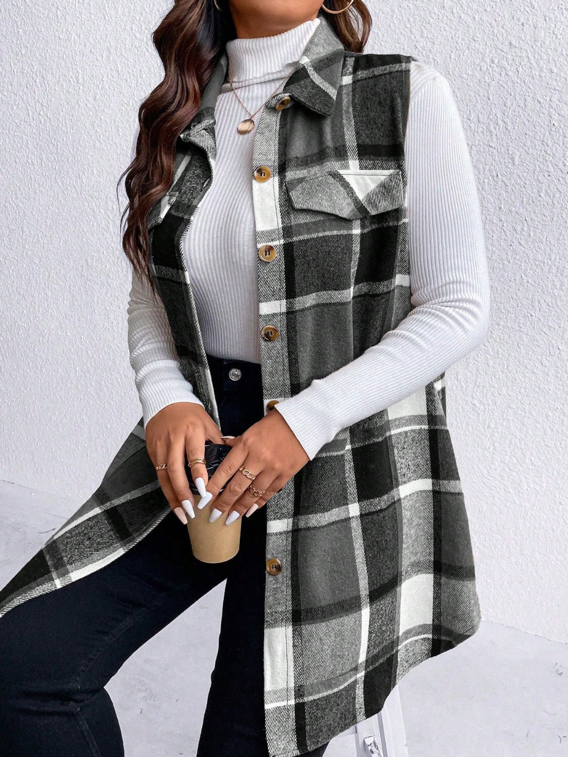 Honey Plus Size Pocketed Plaid Button Up Vest Coat - Little Miss Vanilla