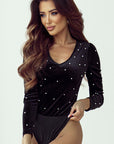 Pearl Detail Velvet V-Neck Long Sleeve Bodysuit - Little Miss Vanilla