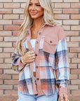 Light Pink Plaid Corduroy Patchwork Chest Pocket Shacket