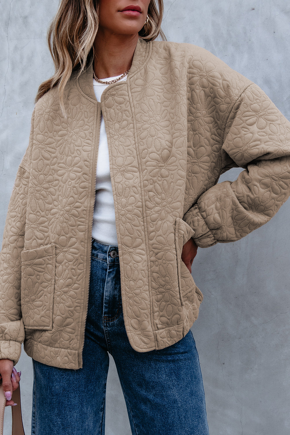 Light French Beige Floral Quilted Jacket - Little Miss Vanilla