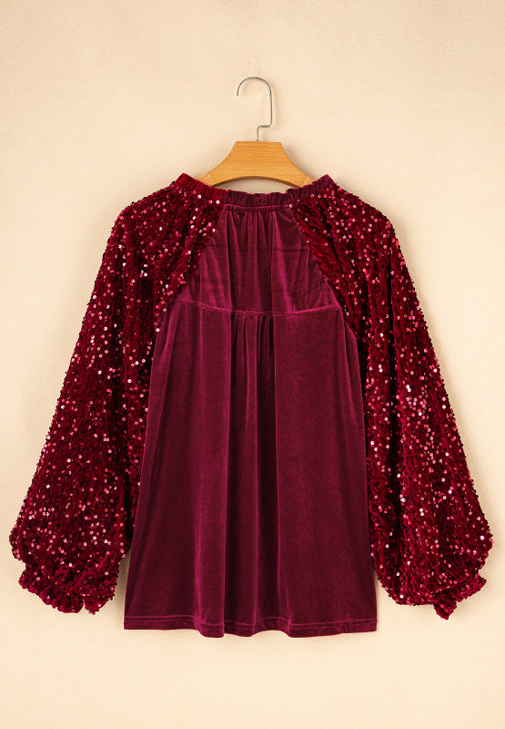 Sequin Notched Long Sleeve Blouse - Little Miss Vanilla