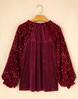 Sequin Notched Long Sleeve Blouse - Little Miss Vanilla