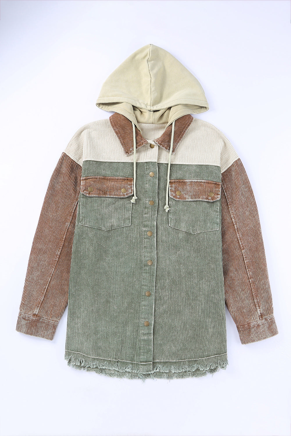 Green Color Block Button Down Hooded Corduroy Jacket - Little Miss Vanilla