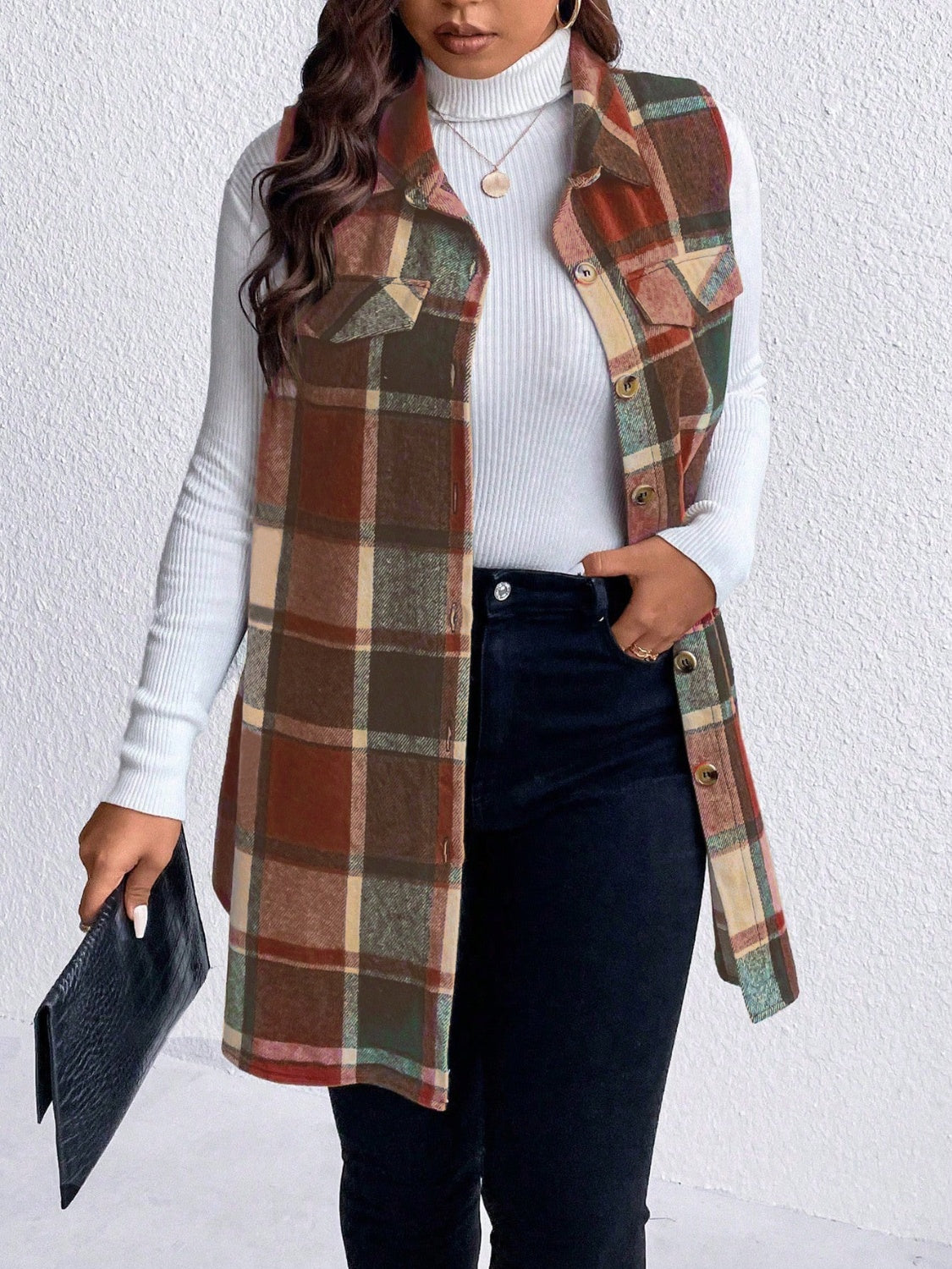 Honey Plus Size Pocketed Plaid Button Up Vest Coat - Little Miss Vanilla