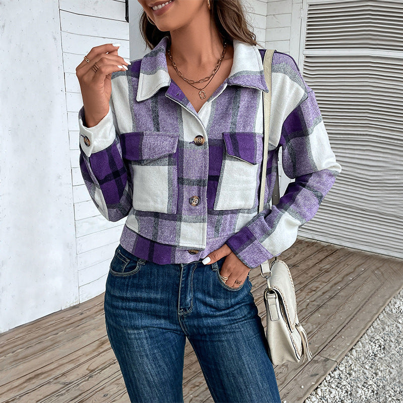 Plaid Lapel Cropped Jacket With Pockets Fashion Button Long Sleeve Short Outwear Tops Coat For Womens Clothing - Little Miss Vanilla