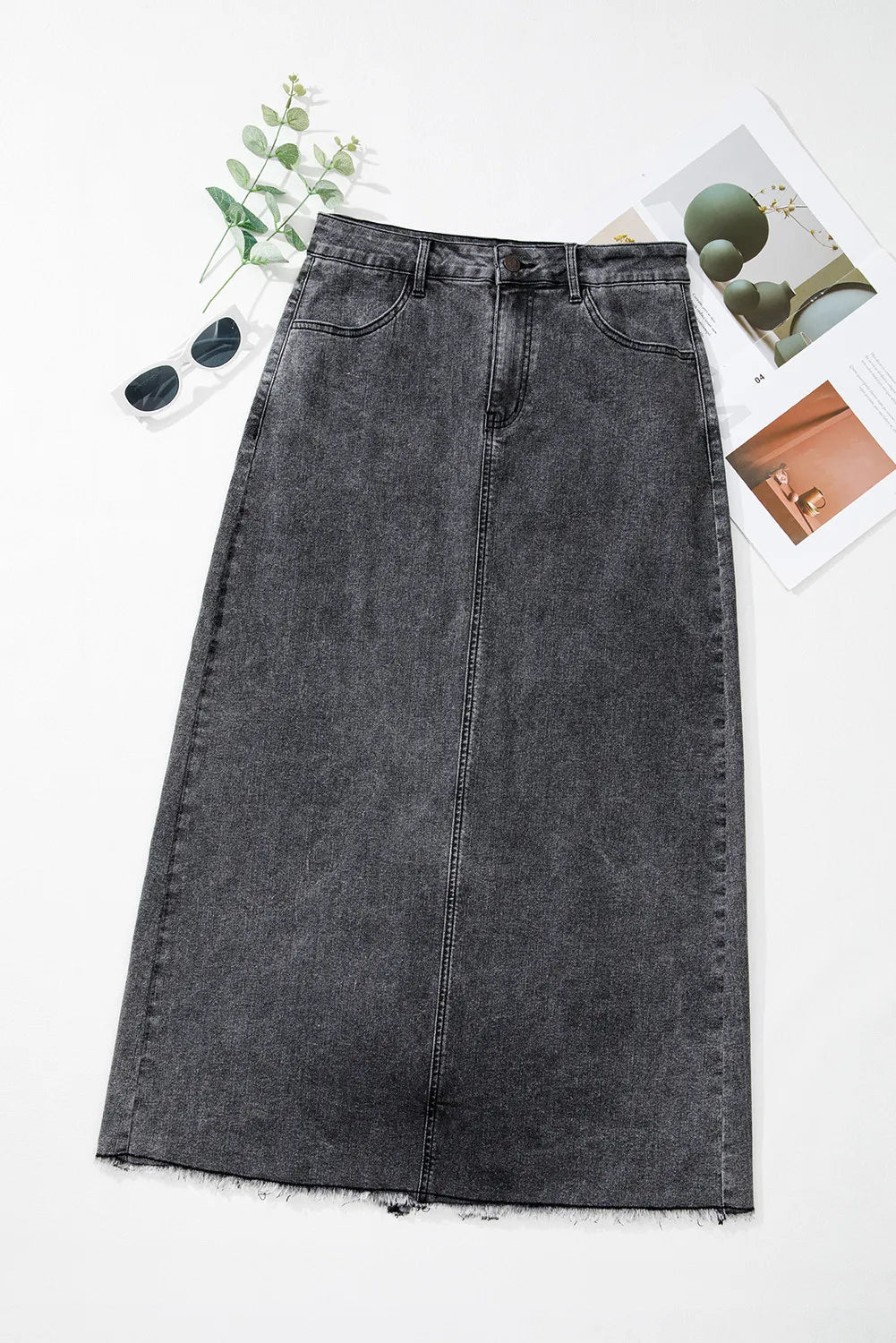 Raw Hem Midi Denim Skirt with Pockets - Little Miss Vanilla