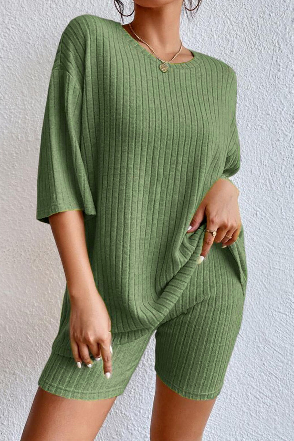 Green Plain Ribbed Loose Fit Two Piece Lounge Set - Little Miss Vanilla