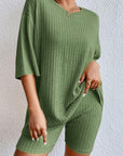 Green Plain Ribbed Loose Fit Two Piece Lounge Set - Little Miss Vanilla