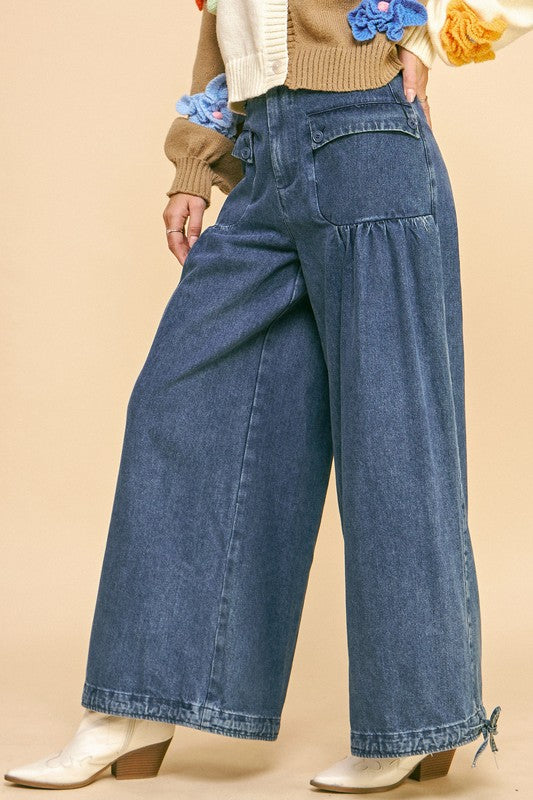 Davi & Dani Drawstring Hem Wide Leg Mid Rise Jeans - Little Miss Vanilla