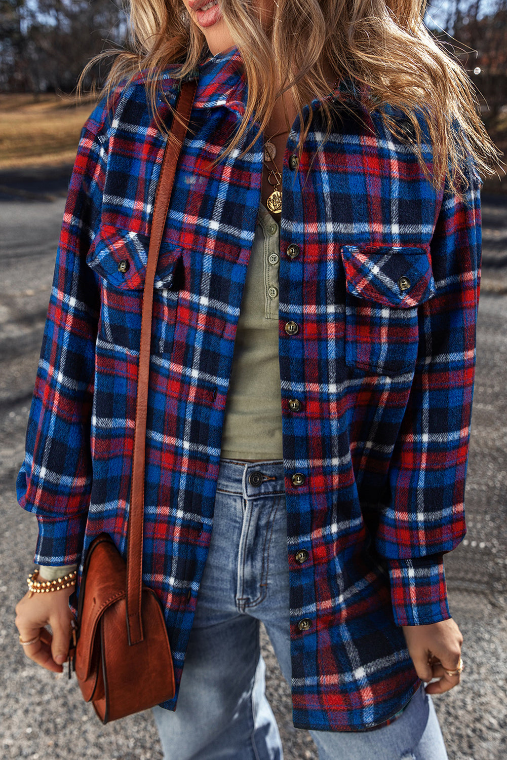 Navy Blue Plaid Flap Pocket Button Up Shacket - Little Miss Vanilla