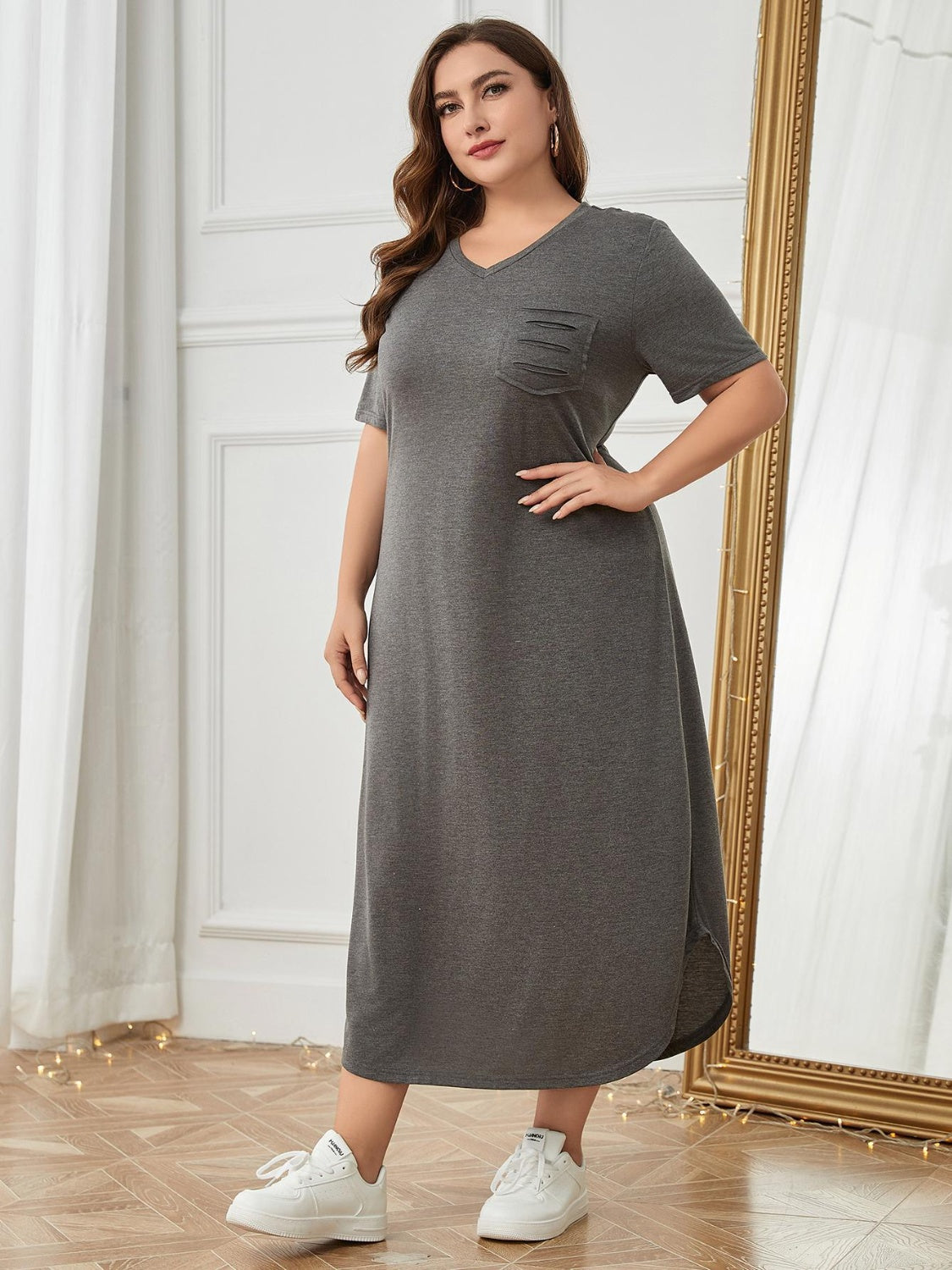 Plus Size Pocketed V-Neck Short Sleeve Lounge Dress - Little Miss Vanilla