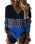 V-neck Leopard Print Splicing Long Sleeve Sweatshirt Tops