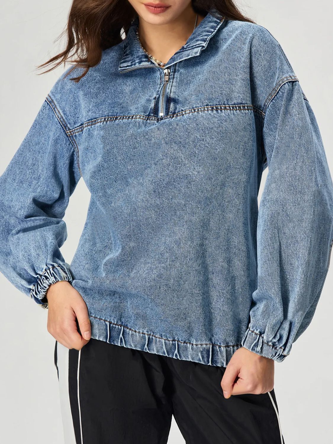 Quarter Zip Collared Neck Denim Top - Little Miss Vanilla