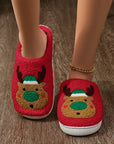 Fiery Red Christmas Reindeer Pattern Thick Sole Plush Slippers