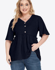 Plus Size Buttoned V-Neck Frill Trim Babydoll Blouse - Little Miss Vanilla