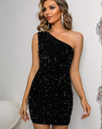 Sequin Lace-Up One-Shoulder Bodycon Dress - Little Miss Vanilla