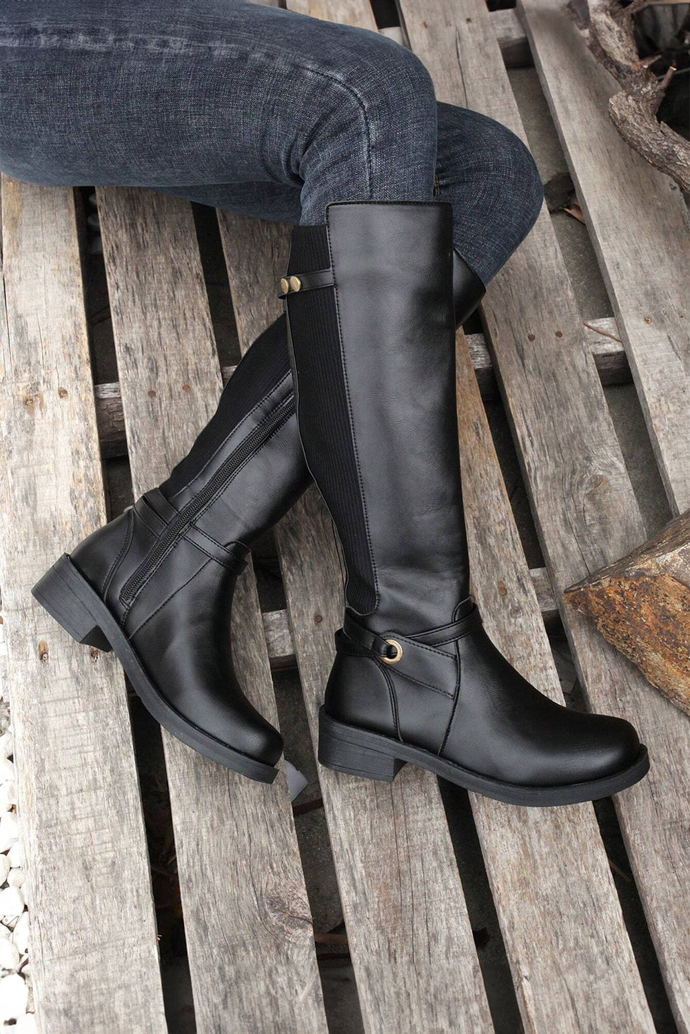 Black Side Zipper Knee High Chunky Low Heel Boots - Little Miss Vanilla