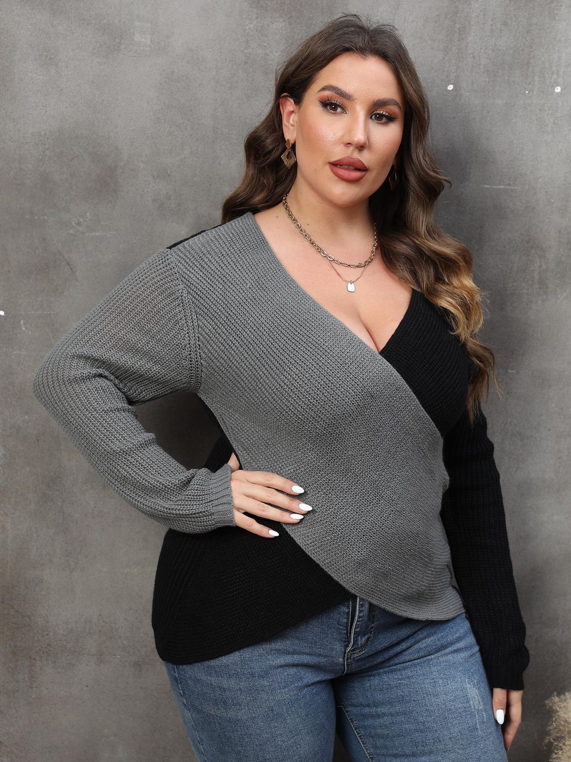 Plus Size Two-Tone Surplice Neck Sweater - Little Miss Vanilla