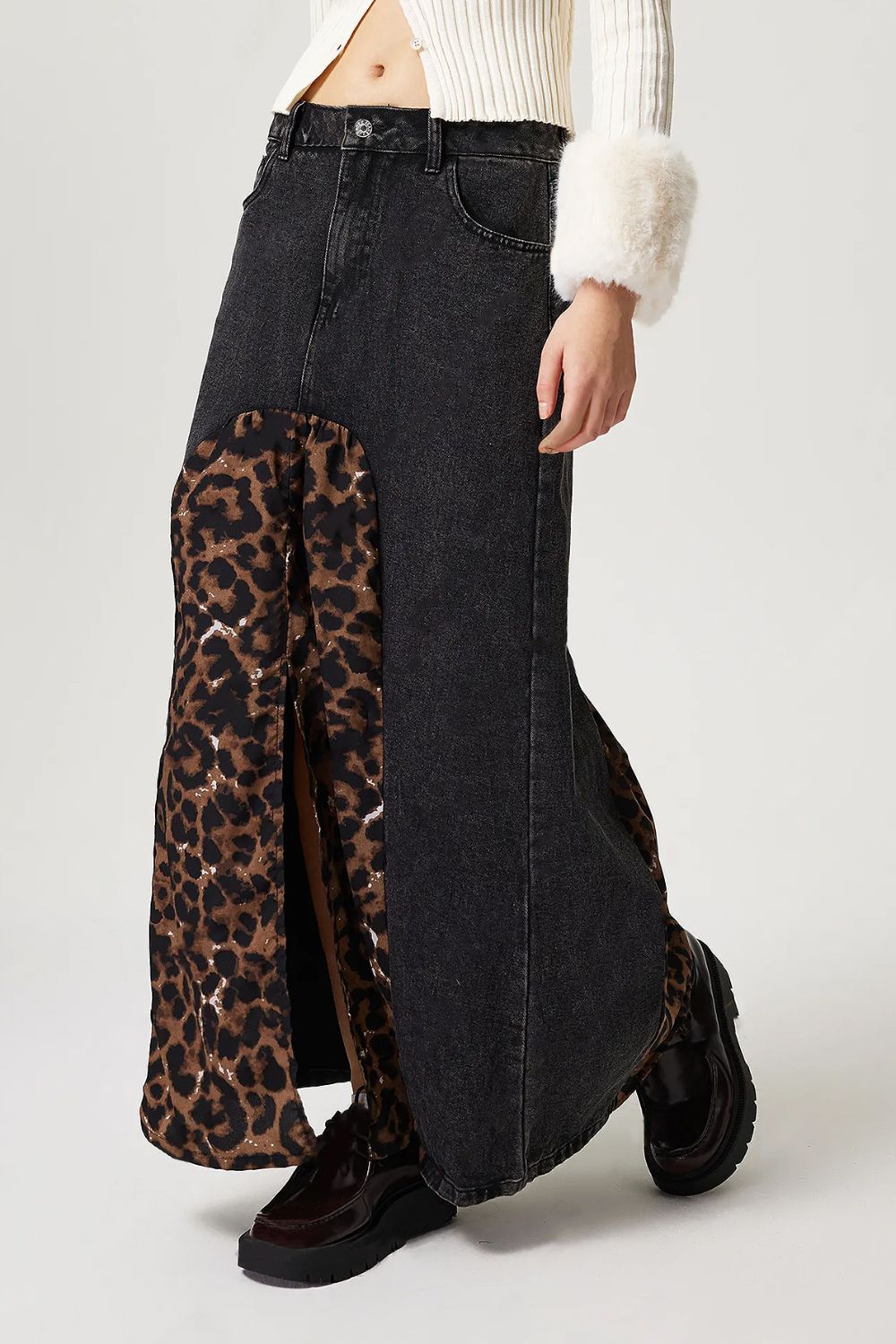 Slit Leopard Midi Denim Skirt - Little Miss Vanilla