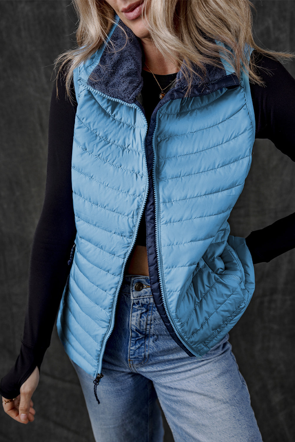 Sky Blue Plush Collared Quilted Zipped Puffer Vest - Little Miss Vanilla