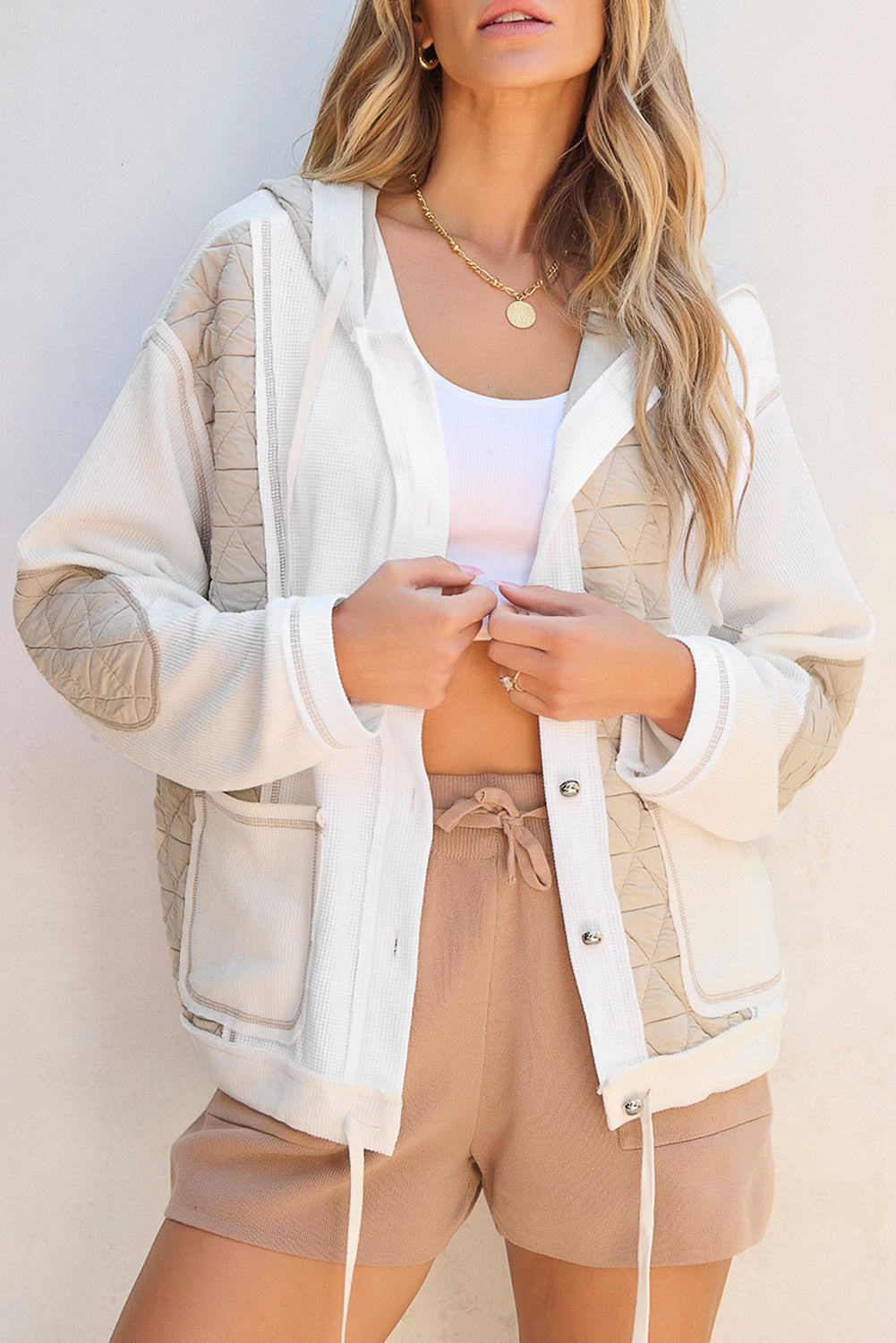 Beige Quilted Textured Patchwork Loose Fit Hooded Jacket - Little Miss Vanilla