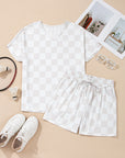 Beige Checkered V Neck Tee Drawstring Shorts Lounge Set - Little Miss Vanilla