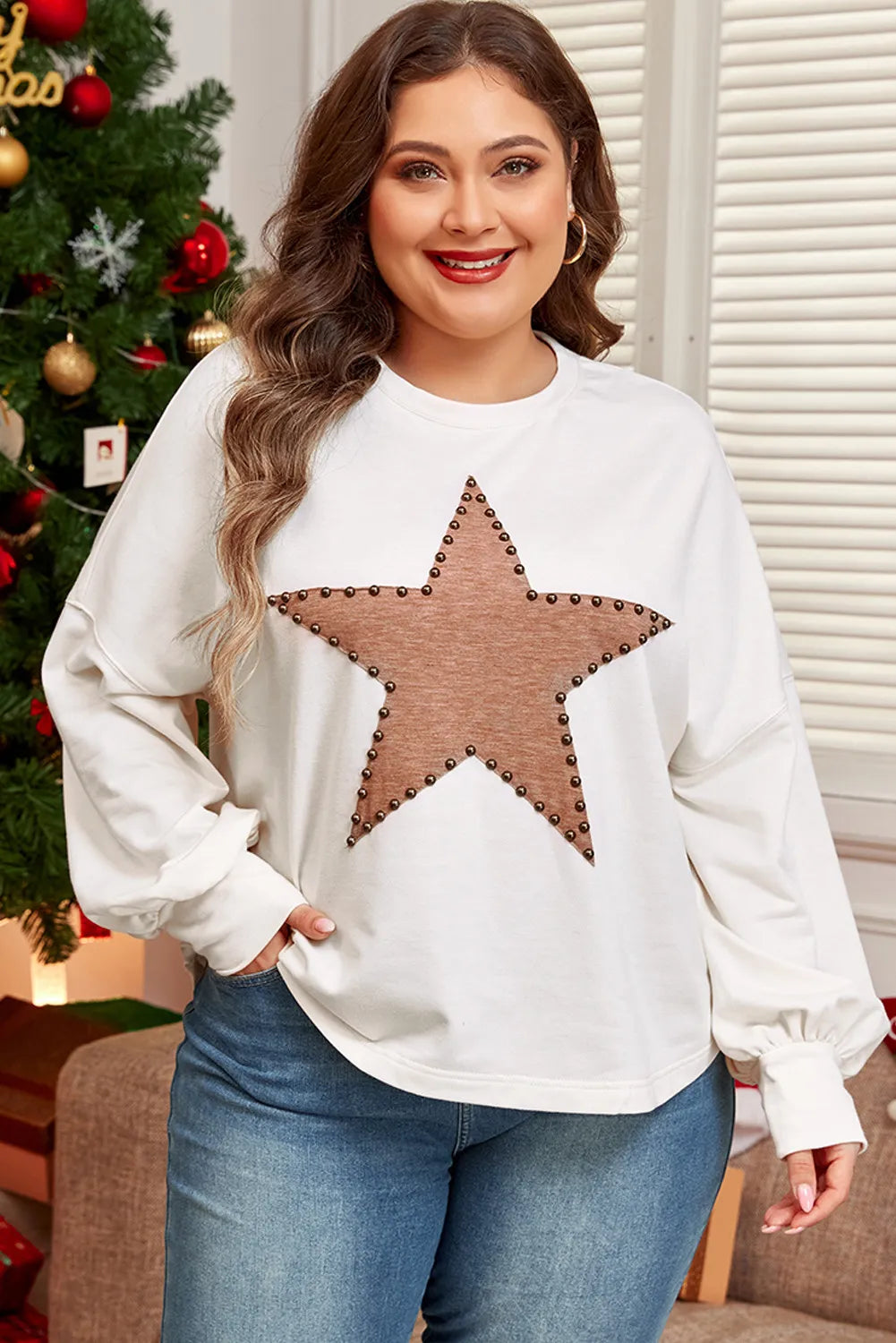 Plus Size Studded Star Round Neck Long Sleeve Blouse - Little Miss Vanilla