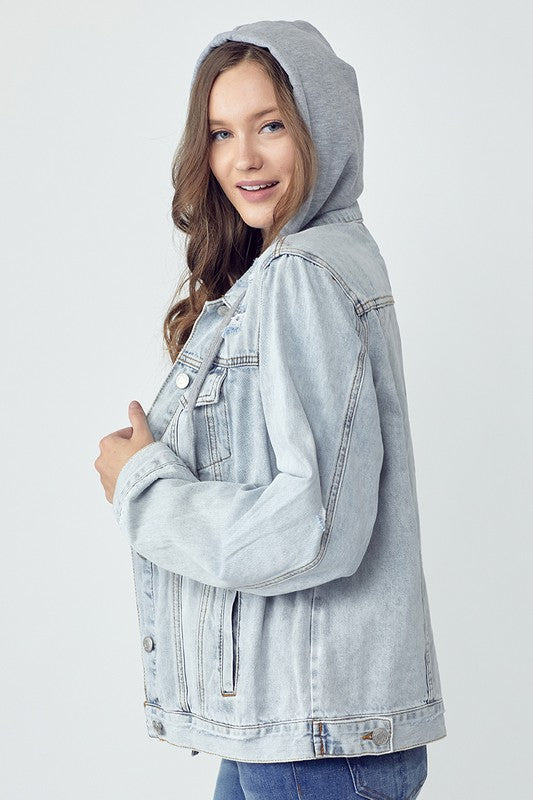 RISEN Full Size Distressed Drawstring Hooded Denim Jacket - Little Miss Vanilla