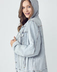 RISEN Full Size Distressed Drawstring Hooded Denim Jacket - Little Miss Vanilla