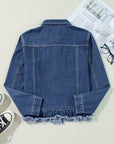 Navy Blue Ruffle Raw Hem Flap Pockets Denim Jacket