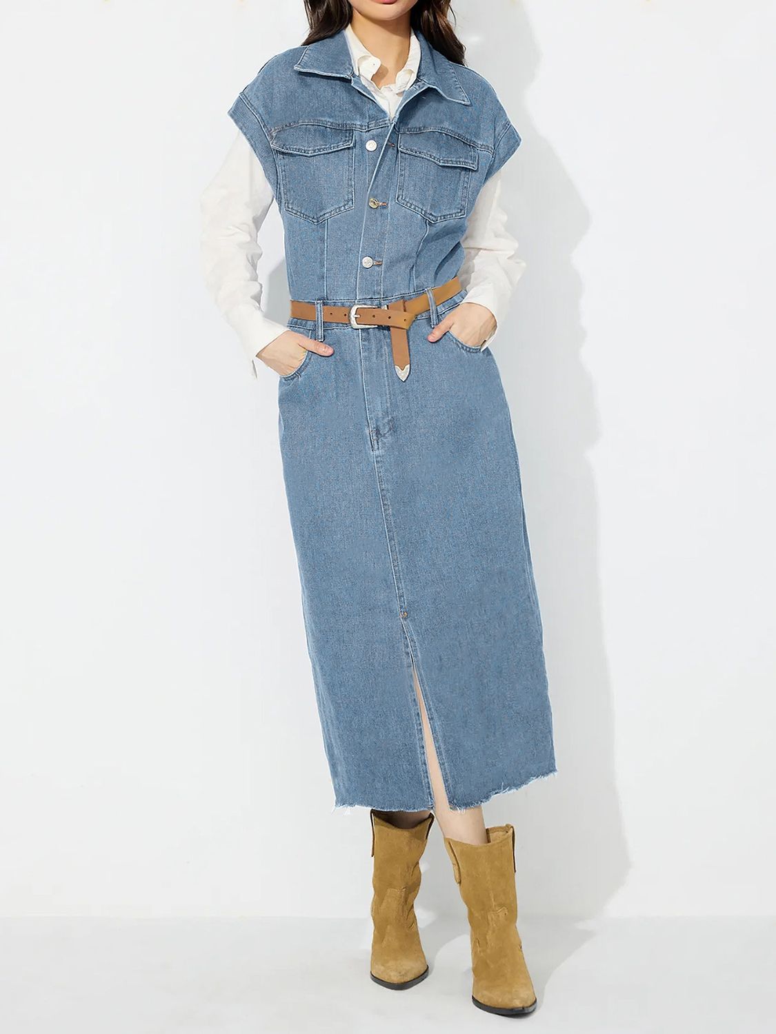 Slit Half Button Collared Neck Cap Sleeve Denim Dress - Little Miss Vanilla