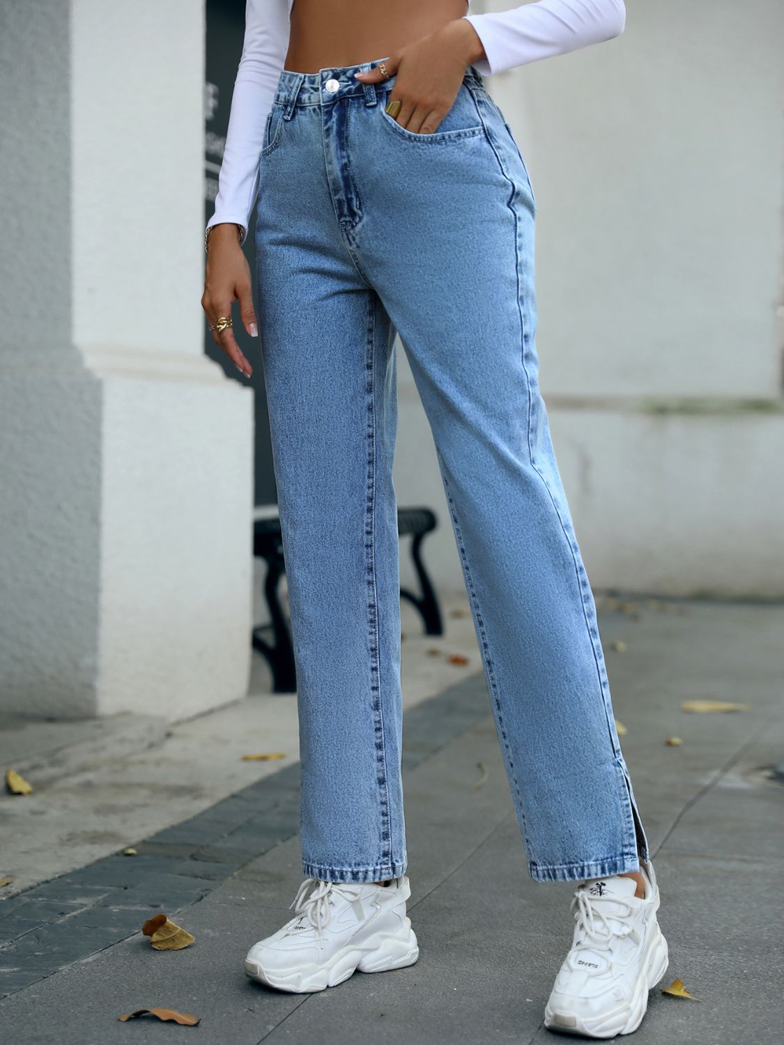 Side Slit High Waist Straight Jeans - Little Miss Vanilla