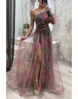 Mesh Tie-dye Printed Off-shoulder Slit Dress Summer INS Fashion Long Dress Party Womens Clothing