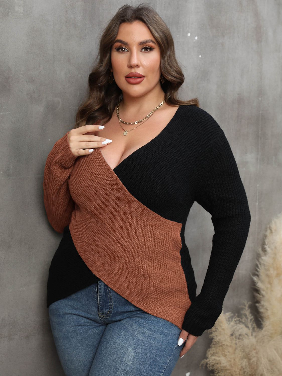 Plus Size Two-Tone Surplice Neck Sweater - Little Miss Vanilla