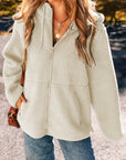 Beige Fleece Zip Up Drawstring Hooded Pocketed Jacket - Little Miss Vanilla