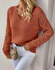 Solid V-neck Pullover Sweater With Hollow Long Sleeve Fashion Tops For Women Clothing