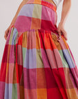 Multicolour Plaid Print Ruched High Waist Casual Maxi Skirt