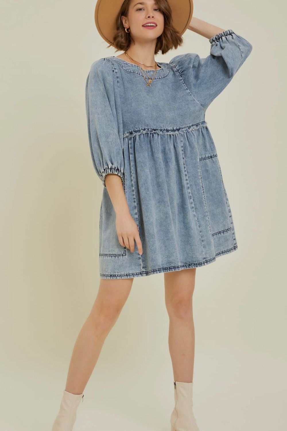 Cutout Round Neck Balloon Sleeve Denim Dress - Little Miss Vanilla